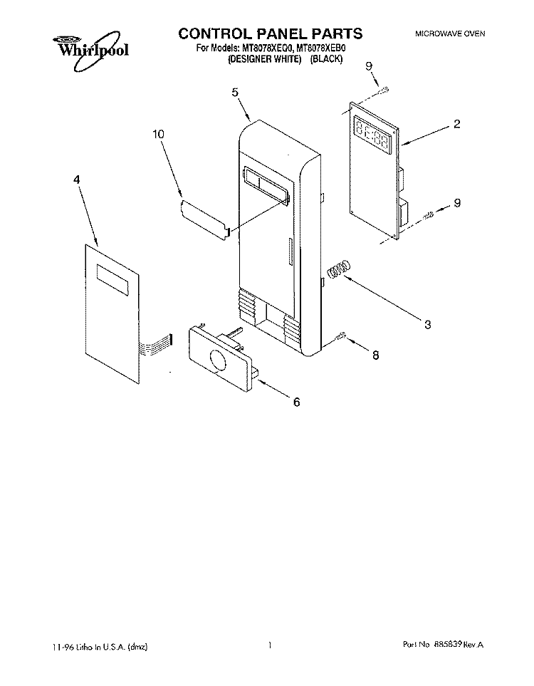 CONTROL PANEL Diagram and Parts List for MT8078XEB0  Whirlpool Microwave