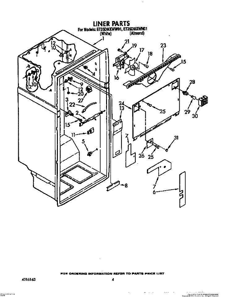 LINER Diagram and Parts List for ET25DMXWN01  Whirlpool Refrigerator