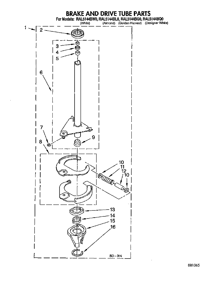 BRAKE AND DRIVE TUBE Diagram and Parts List for RAL5144BQ0  Whirlpool Washer