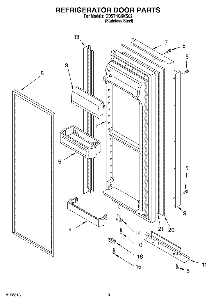 REFRIGERATOR DOOR Diagram and Parts List for GD5THGXKS02  Whirlpool Refrigerator