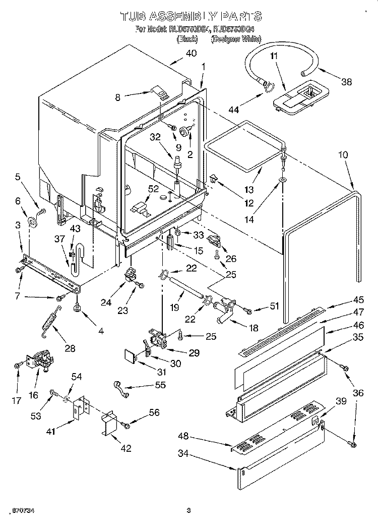 TUB ASSEMBLY Diagram and Parts List for RUD5750DB4  Roper Dishwasher