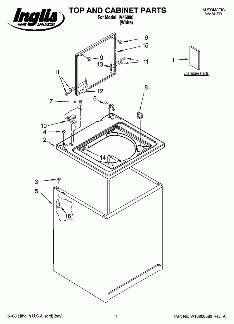 TOP AND CABINET PARTS Diagram and Parts List for IV46000  Inglis Washer