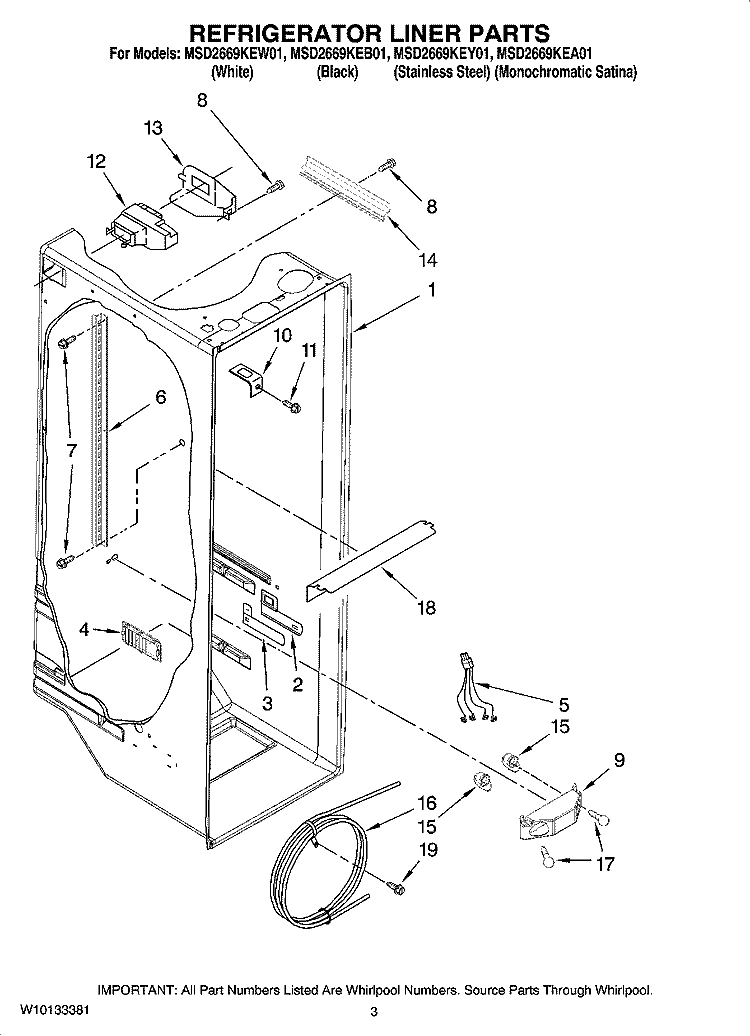 REFRIGERATOR LINER PARTS Diagram and Parts List for MSD2669KEB01  Whirlpool Refrigerator