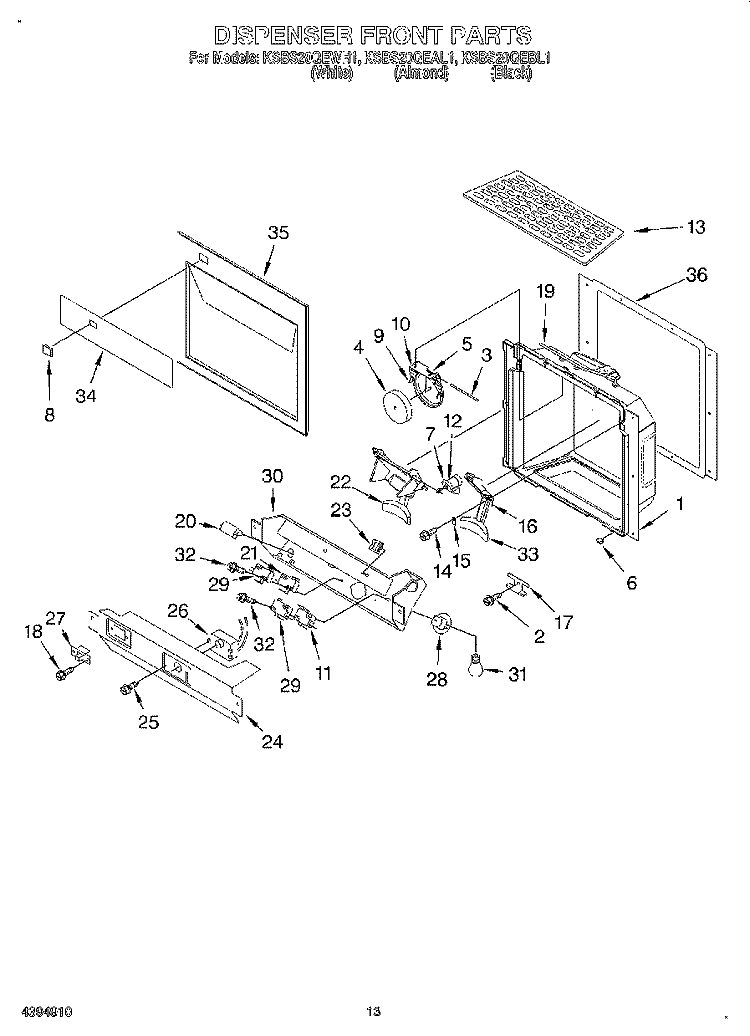 DISPENSER FRONT Diagram and Parts List for KSBS20QEAL1  KitchenAid Refrigerator