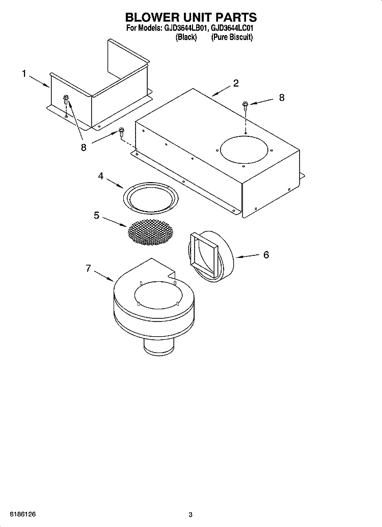 BLOWER UNIT PARTS, MISCELLANEOUS PARTS Diagram and Parts List for GJD3644LC01  Whirlpool Cooktop
