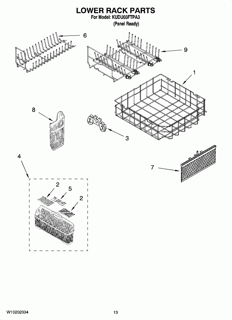 LOWER RACK PARTS Diagram and Parts List for KUDU03FTPA3  KitchenAid Dishwasher