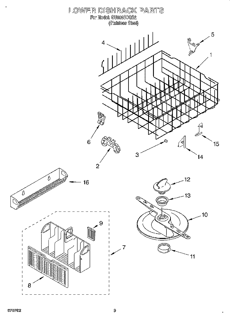 LOWER DISHRACK Diagram and Parts List for GU980SCGS2  Whirlpool Dishwasher