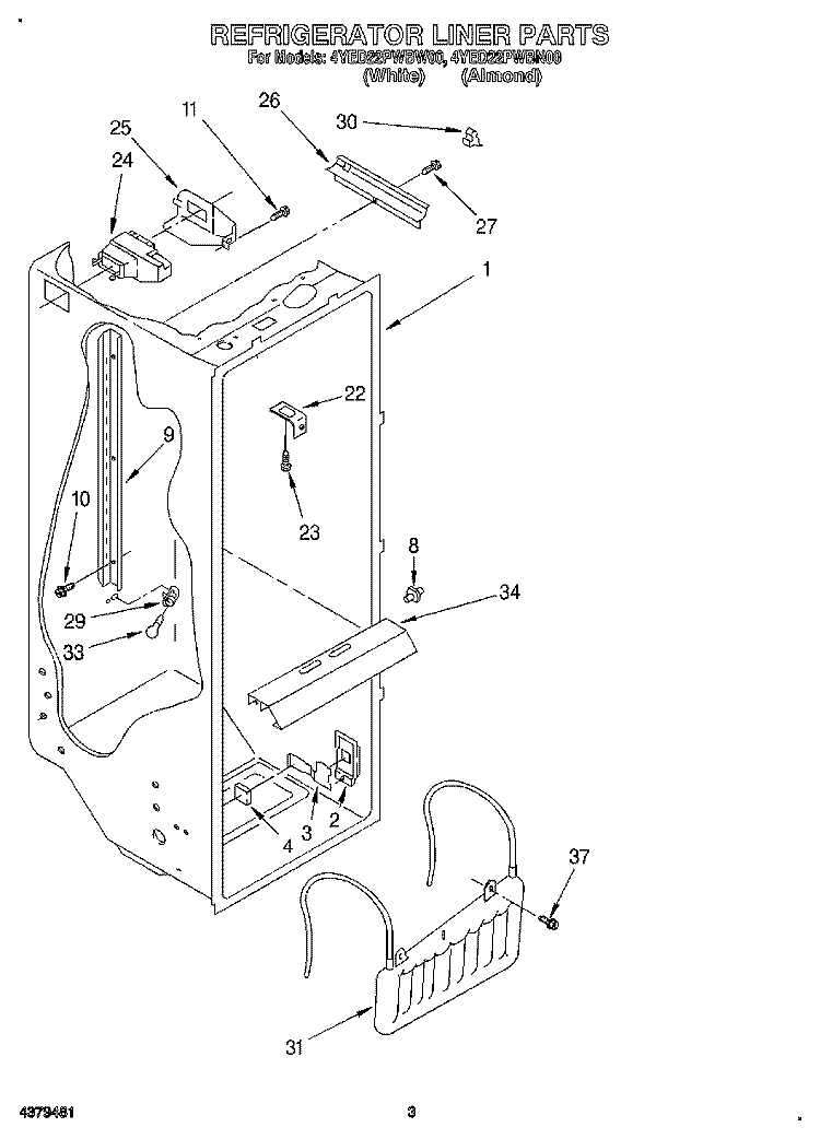 REFRIGERATOR LINER Diagram and Parts List for 4YED22PWBW00  Whirlpool Refrigerator