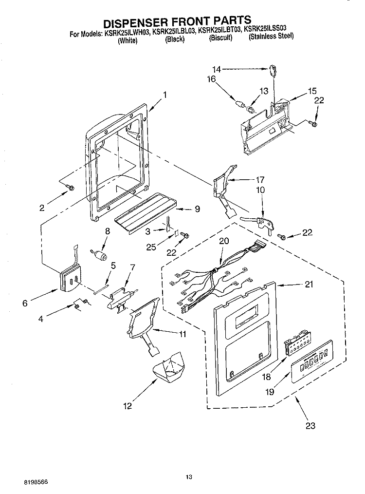 DISPENSER FRONT PARTS Diagram and Parts List for KSRK25ILBT03  KitchenAid Refrigerator