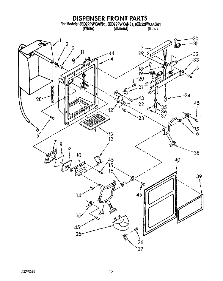 DISPENSER FRONT Diagram and Parts List for 8ED22PWXAW01  Whirlpool Refrigerator