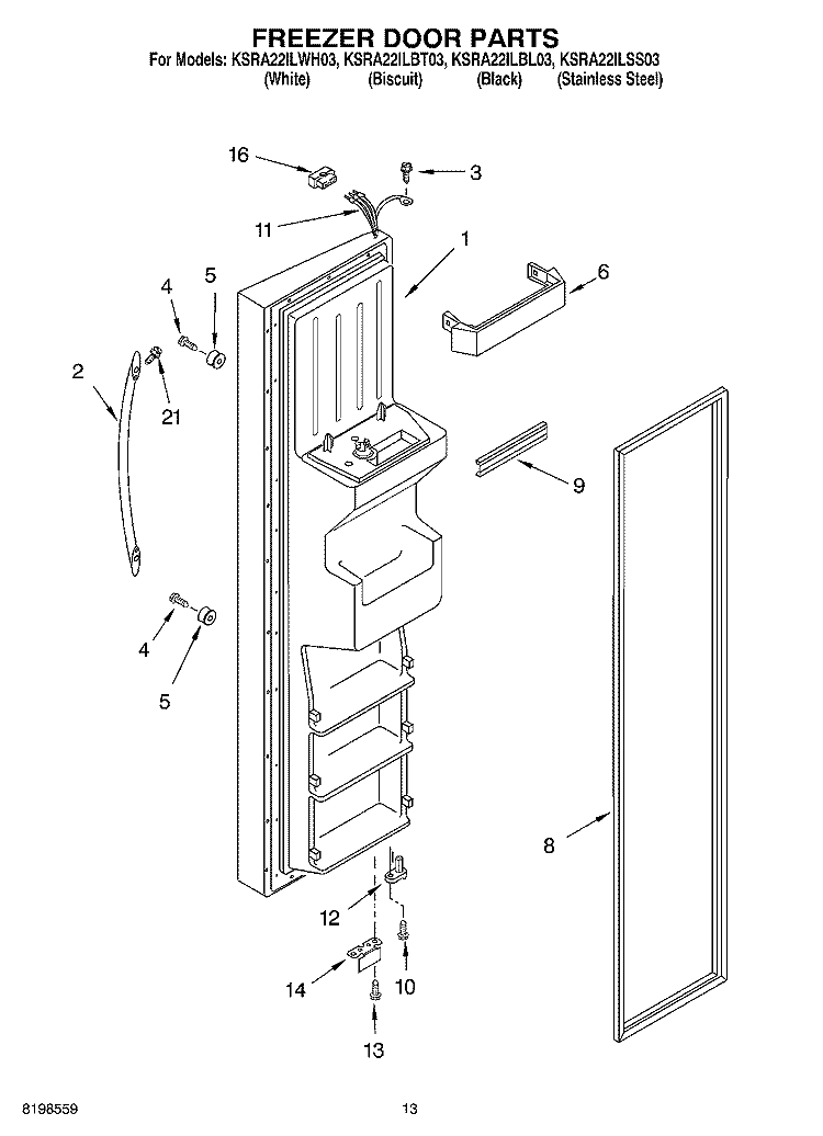 FREEZER DOOR PARTS Diagram and Parts List for KSRA22ILBL03  KitchenAid Refrigerator