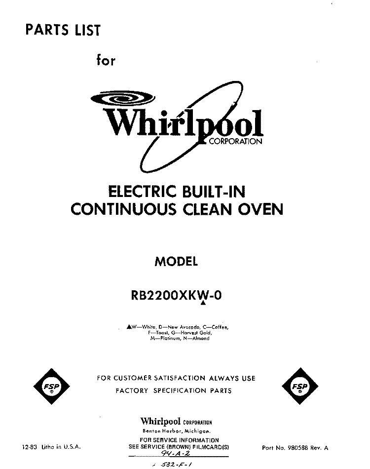 SECTION Diagram and Parts List for RB2200XKW0  Whirlpool Wall Oven