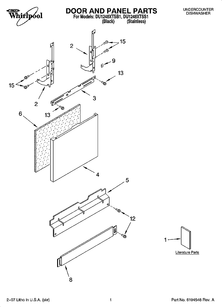 DOOR AND PANEL PARTS Diagram and Parts List for DU1248XTSS1  Whirlpool Dishwasher