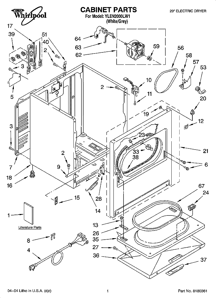 CABINET PARTS Diagram and Parts List for YLEN2000LW1  Whirlpool Dryer