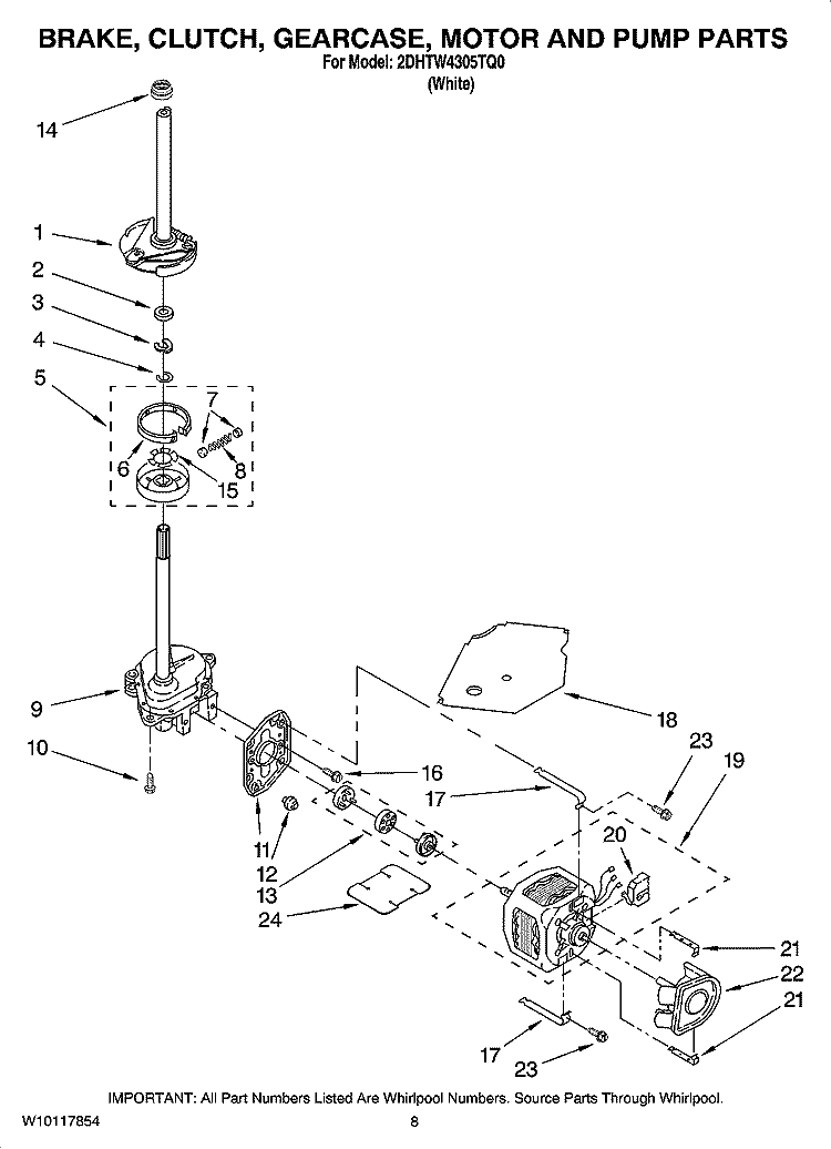 BRAKE, CLUTCH, GEARCASE, MOTOR AND PUMP PARTS Diagram and Parts List for 2DHTW4305TQ0  Whirlpool Washer