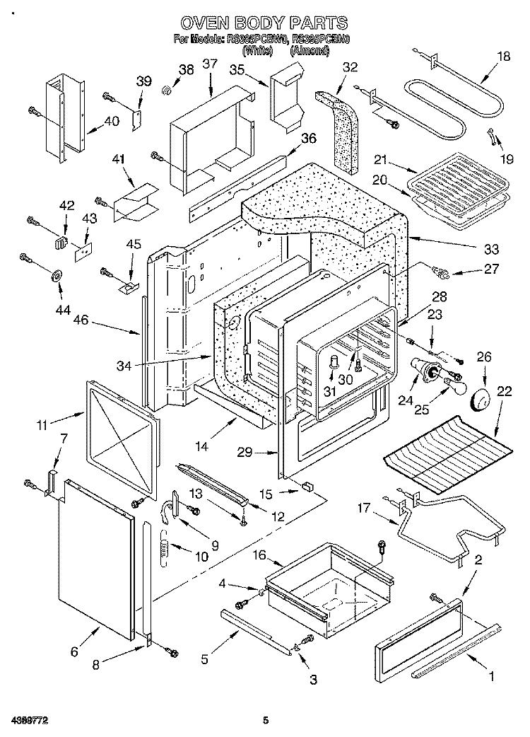 OVEN BODY Diagram and Parts List for RS385PCBW0  Whirlpool Range