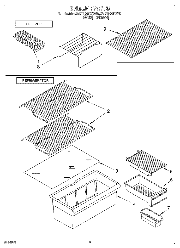 SHELF Diagram and Parts List for 3VET16GKFW00  Whirlpool Refrigerator