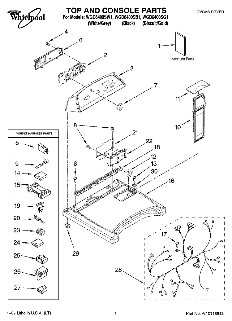 TOP AND CONSOLE PARTS Diagram and Parts List for WGD6400SB1  Whirlpool Dryer
