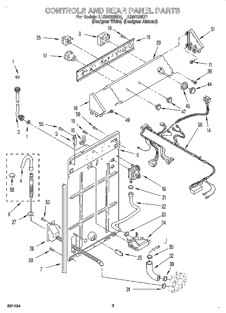 CONTROLS AND REAR PANEL Diagram and Parts List for LLR8233EQ1  Whirlpool Washer