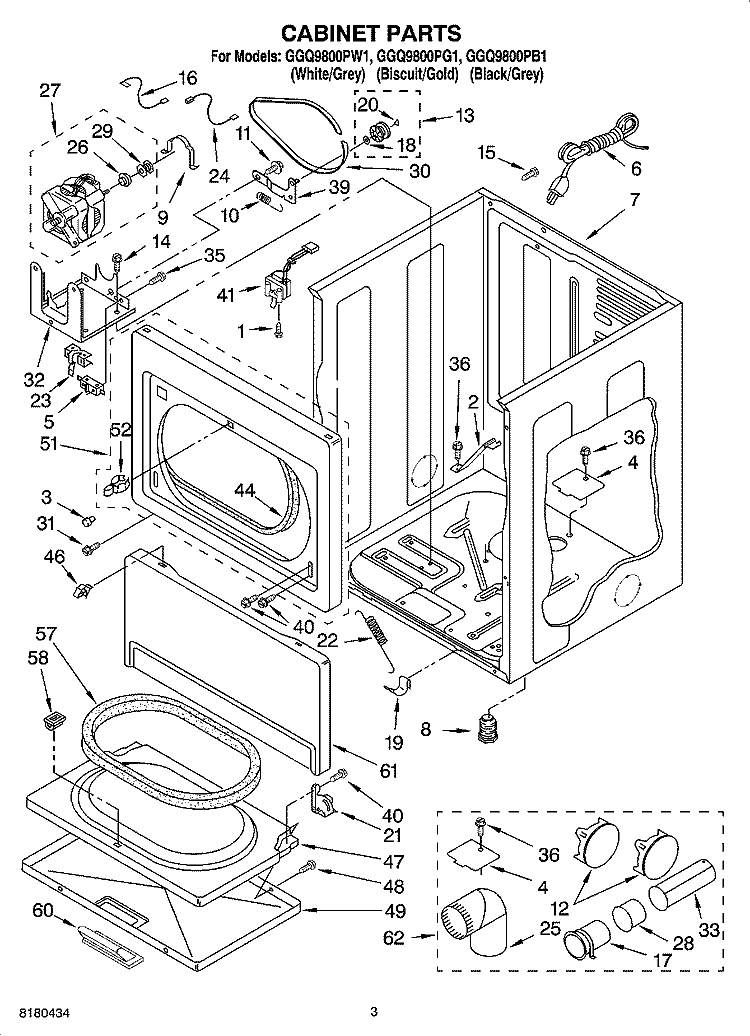 CABINET PARTS Diagram and Parts List for GGQ9800PW1  Whirlpool Dryer