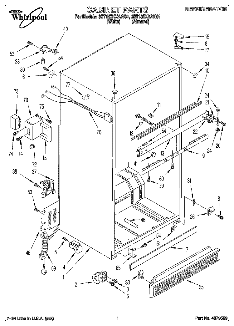 CABINET Diagram and Parts List for 3ET18ZKXAN01  Whirlpool Refrigerator