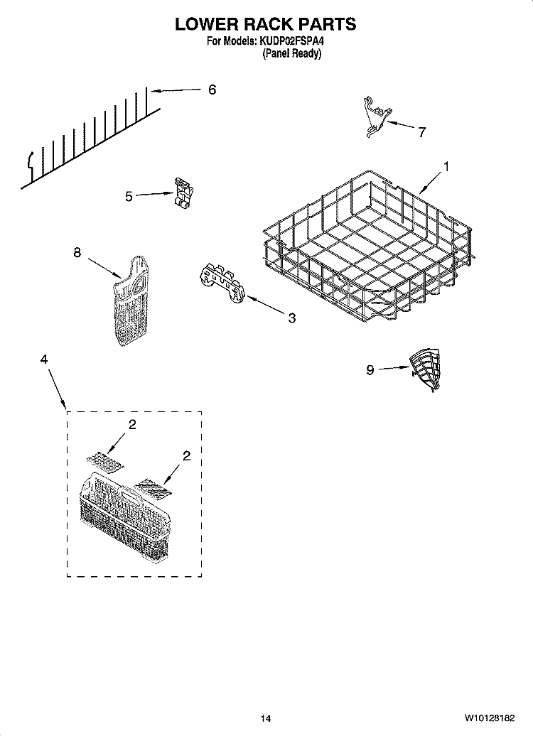 LOWER RACK PARTS, OPTIONAL PARTS (NOT INCLUDED) Diagram and Parts List for KUDP02FSPA4  KitchenAid Dishwasher