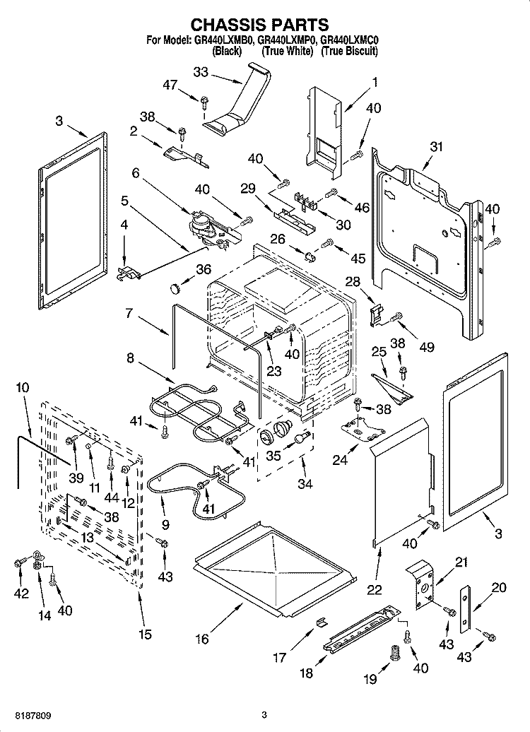 CHASSIS PARTS Diagram and Parts List for GR440LXMB0  Whirlpool Range
