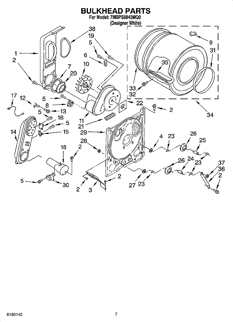 BULKHEAD PARTS Diagram and Parts List for 7MBPS8843MQ0  Whirlpool Dryer