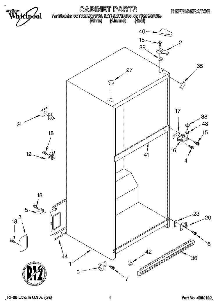 CABINET Diagram and Parts List for 8ET18ZKXDG03  Whirlpool Refrigerator