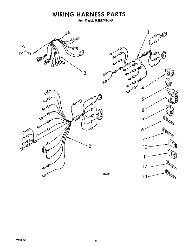 WIRING HARNESS Diagram and Parts List for RJM74000  Whirlpool Microwave