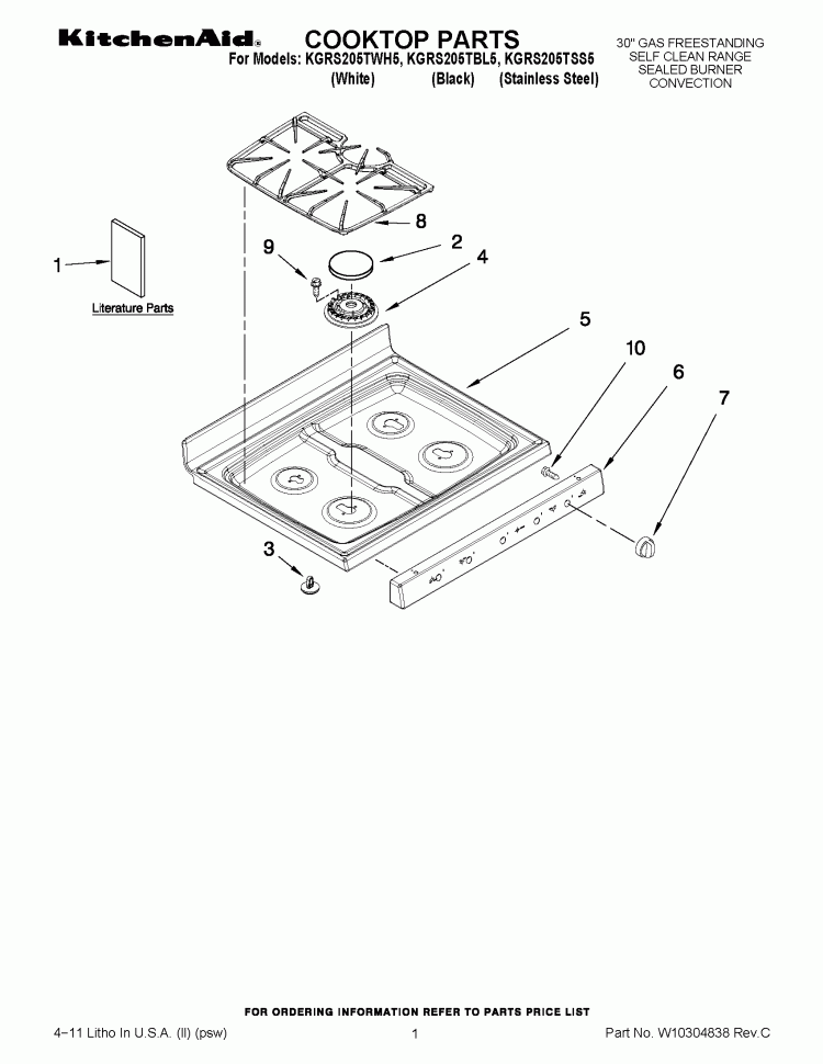 COOKTOP PARTS Diagram and Parts List for KGRS205TSS5  KitchenAid Range