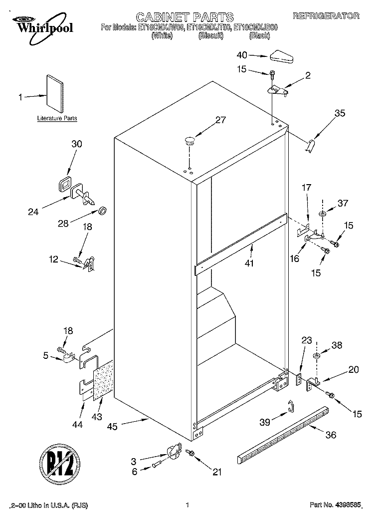 CABINET, LITERATURE Diagram and Parts List for ET18CMXJW00  Whirlpool Refrigerator