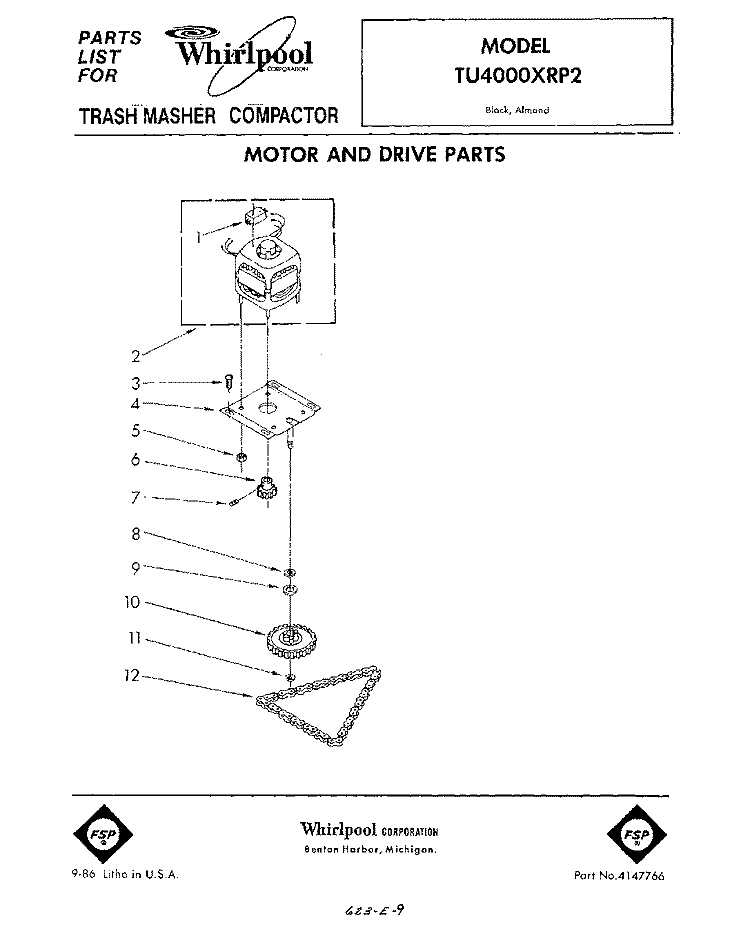 MOTOR AND DRIVE , LITERATURE Diagram and Parts List for TU4000XRP2  Whirlpool Trash Compactor