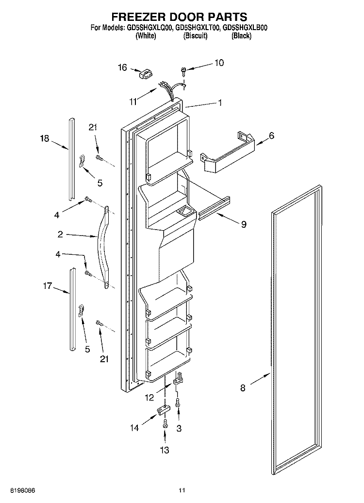 FREEZER DOOR Diagram and Parts List for GD5SHGXLT00  Whirlpool Refrigerator