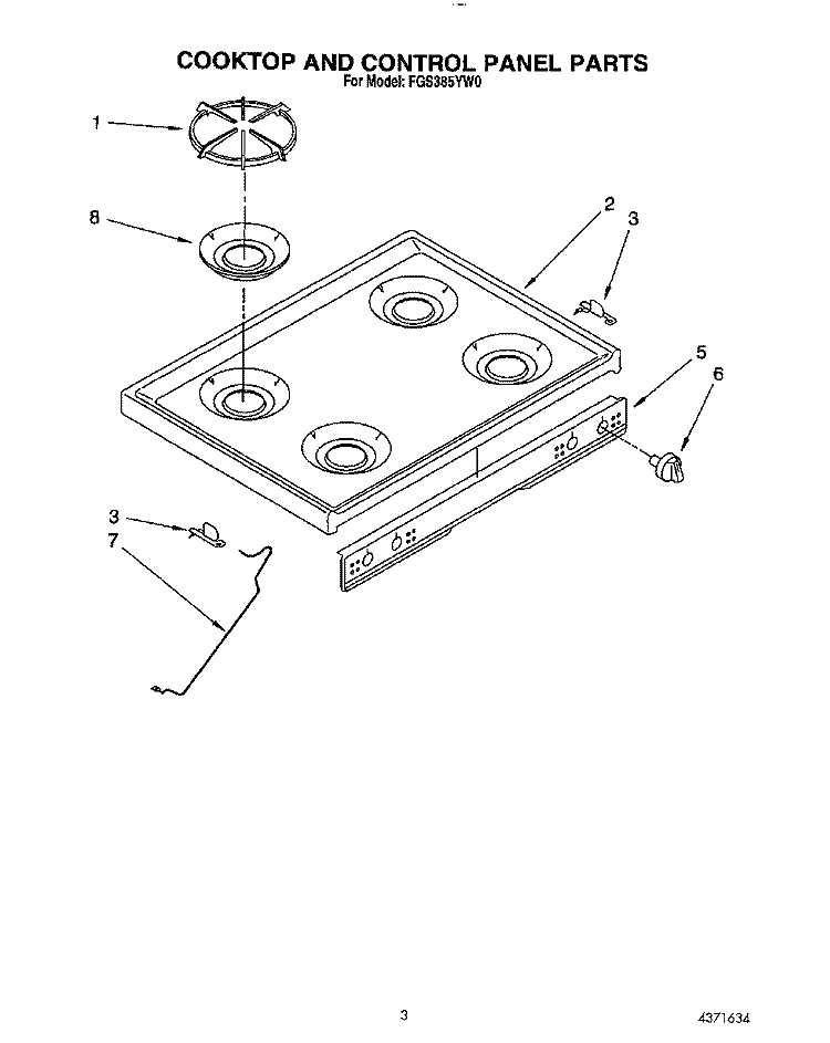 COOKTOP AND CONTROL PANEL Diagram and Parts List for FGS385YW0  Roper Range