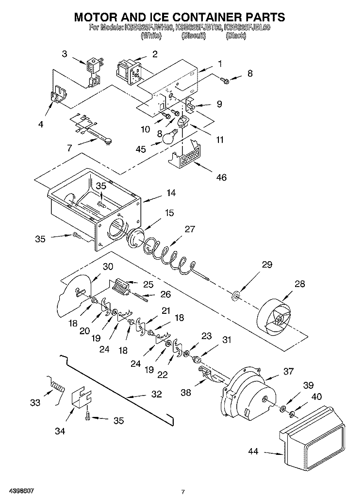 MOTOR AND ICE CONTAINER Diagram and Parts List for KSBS25FJBL00  KitchenAid Refrigerator