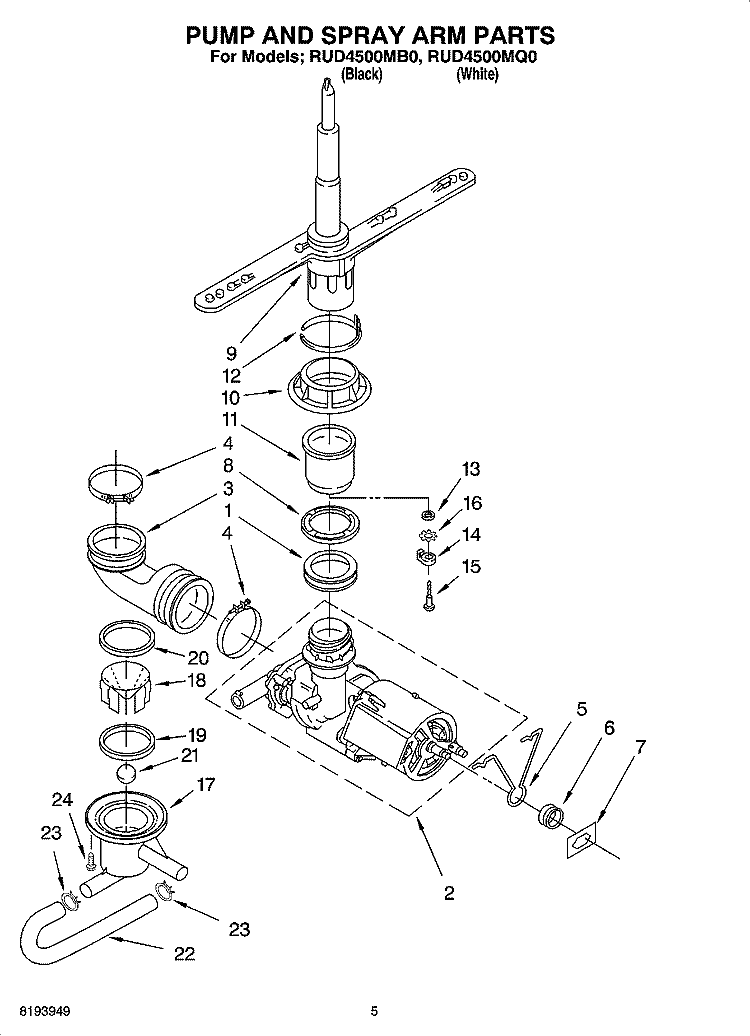 PUMP AND SPRAY ARM PARTS Diagram and Parts List for RUD4500MB0  Roper Dishwasher