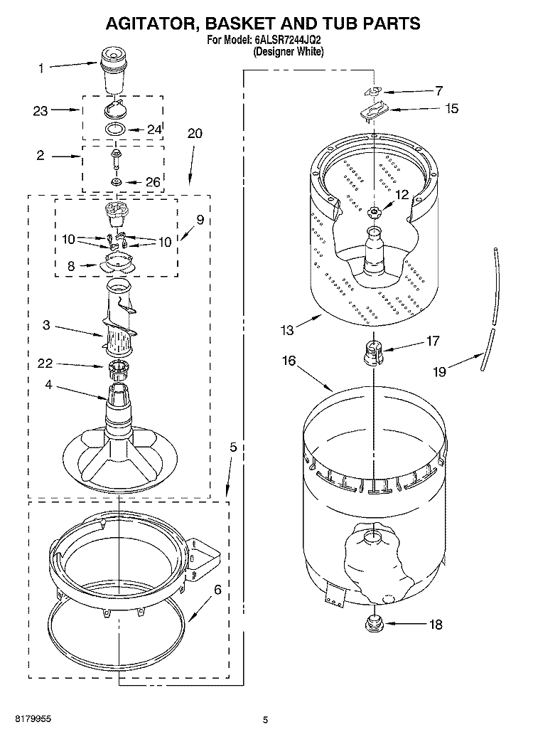 AGITATOR, BASKET AND TUB PARTS Diagram and Parts List for 6ALSR7244JQ2  Whirlpool Washer