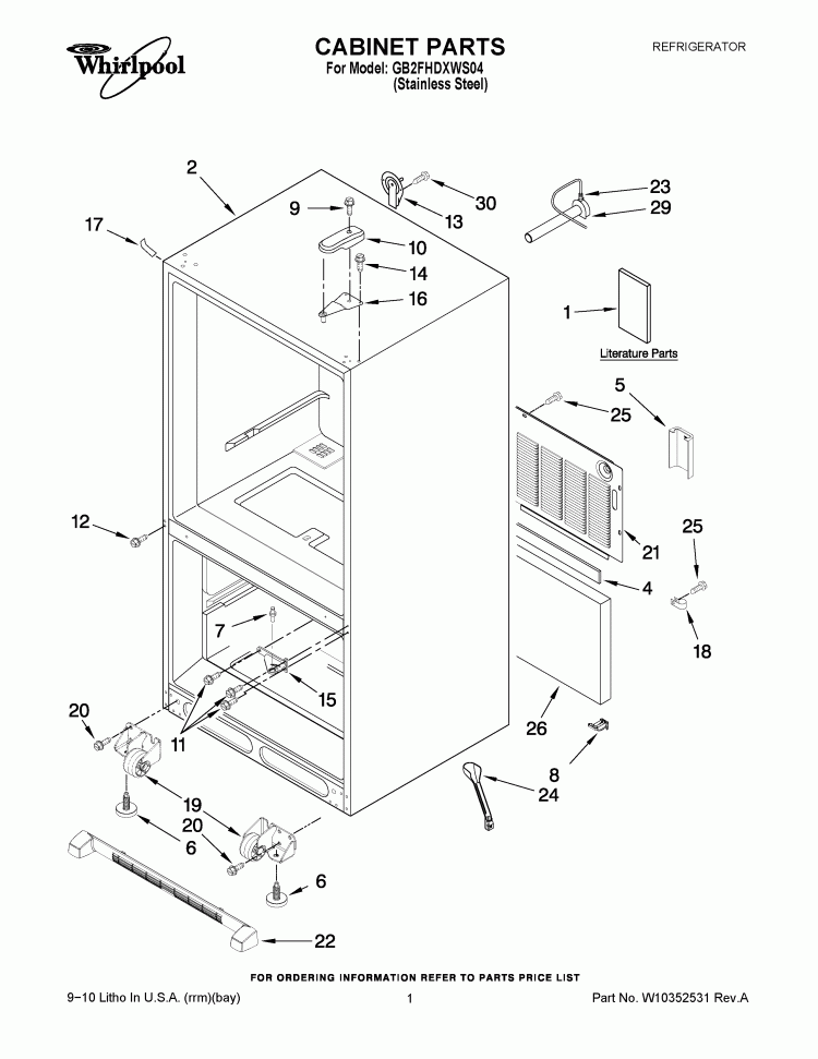 CABINET PARTS Diagram and Parts List for GB2FHDXWS04  Whirlpool Refrigerator