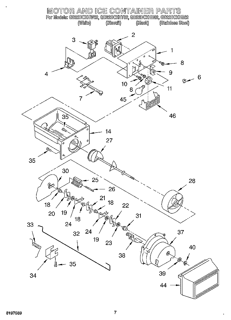 MOTOR AND ICE CONTAINER Diagram and Parts List for GD22DCXHS02  Whirlpool Refrigerator