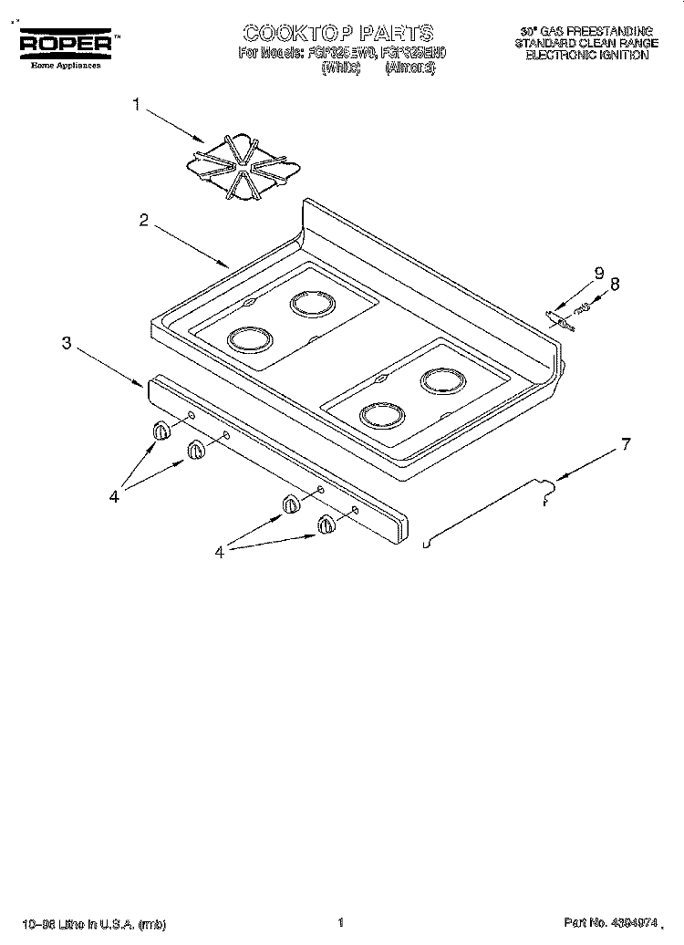 COOKTOP Diagram and Parts List for FGP325EW0  Roper Range