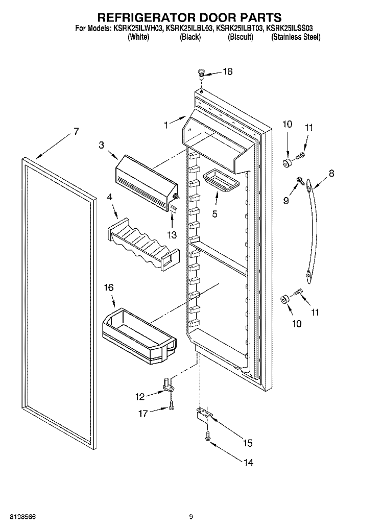 REFRIGERATOR DOOR PARTS Diagram and Parts List for KSRK25ILBT03  KitchenAid Refrigerator