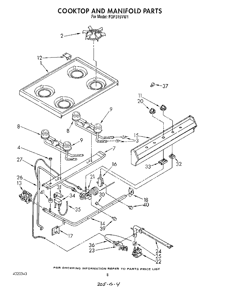 COOKTOP AND MANIFOLD, LIT/OPTIONAL Diagram and Parts List for FGP315VW1  Roper Range