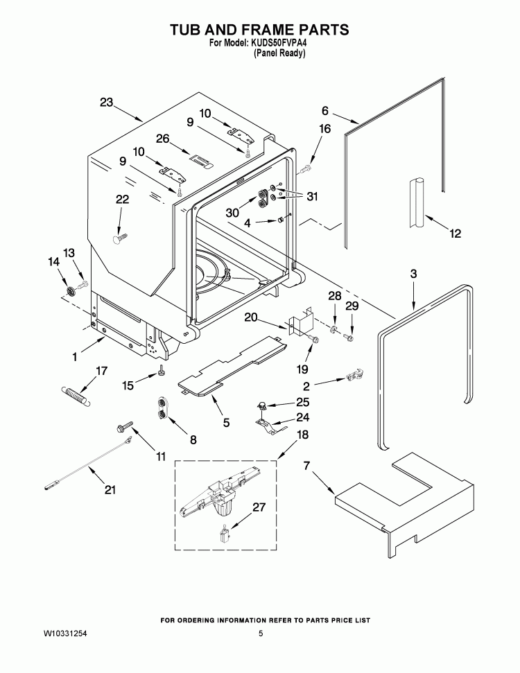 TUB AND FRAME PARTS Diagram and Parts List for KUDS50FVPA4  KitchenAid Dishwasher