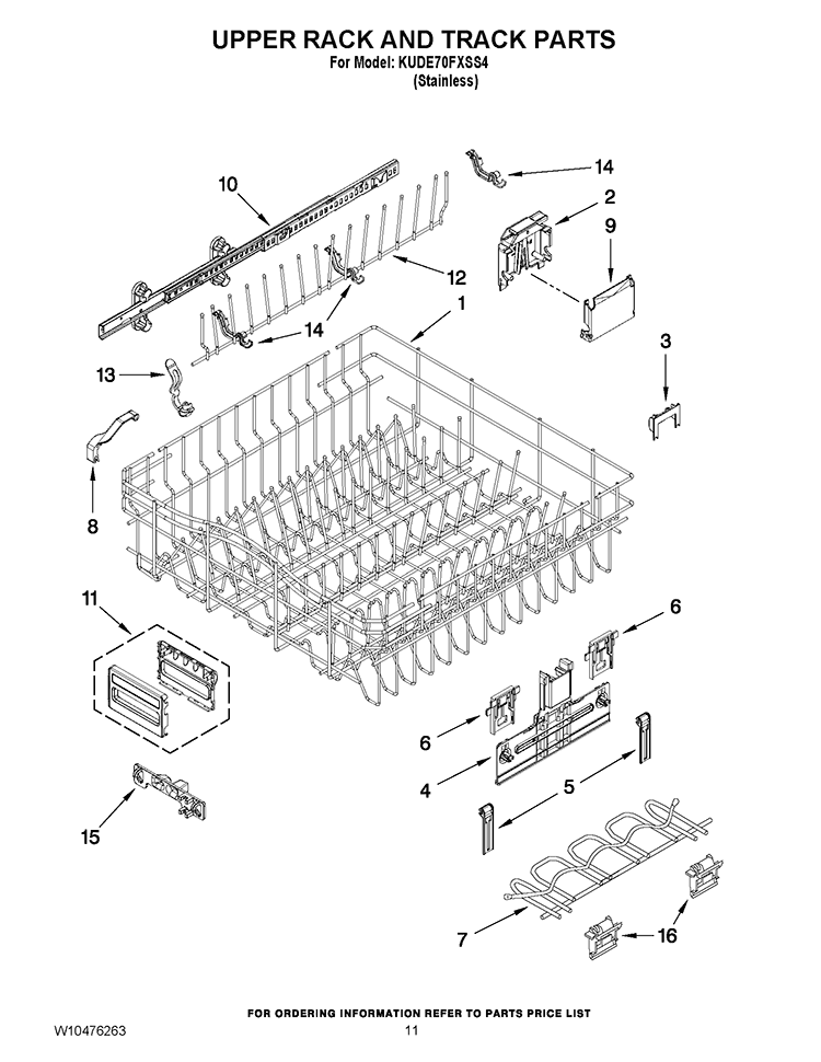 UPPER RACK AND TRACK PARTS Diagram and Parts List for KUDE70FXSS4  KitchenAid Dishwasher