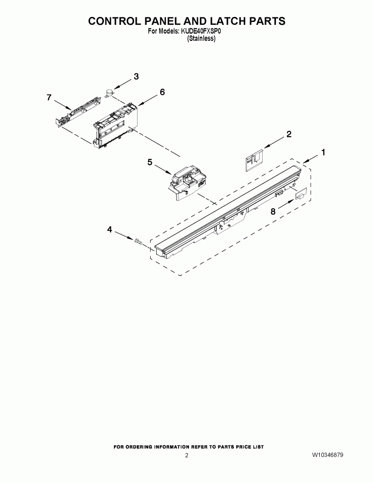 CONTROL PANEL AND LATCH PARTS Diagram and Parts List for KUDE40FXSP0  KitchenAid Dishwasher