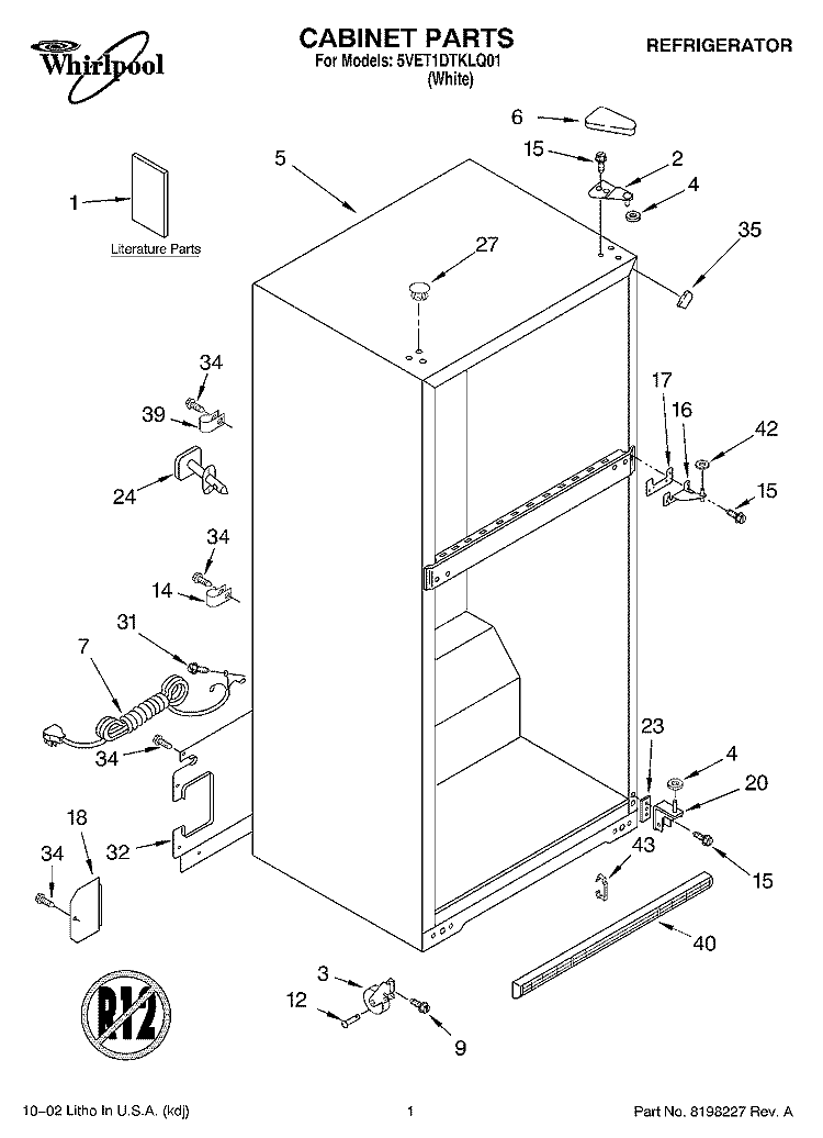 CABINET, LITERATURE Diagram and Parts List for 5VET1DTKLQ01  Whirlpool Refrigerator