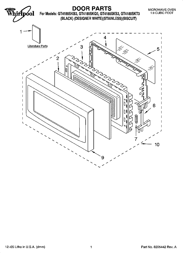 DOOR PARTS Diagram and Parts List for GT4185SKS3  Whirlpool Microwave