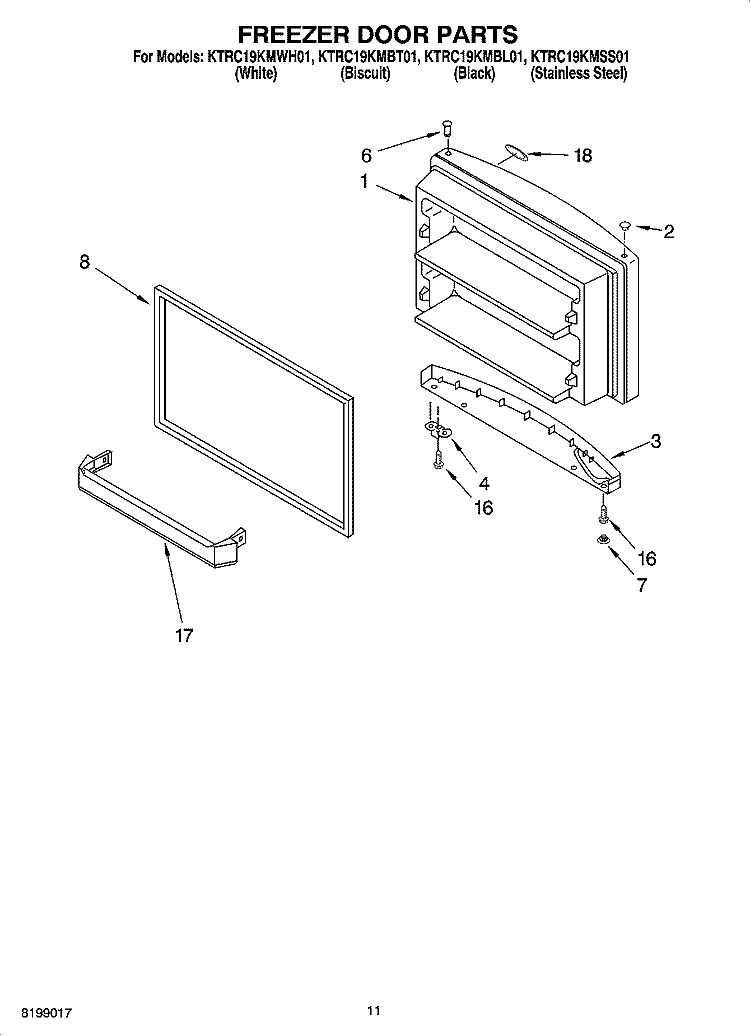 FREEZER DOOR PARTS, OPTIONAL PARTS Diagram and Parts List for KTRC19KMBT01  KitchenAid Refrigerator