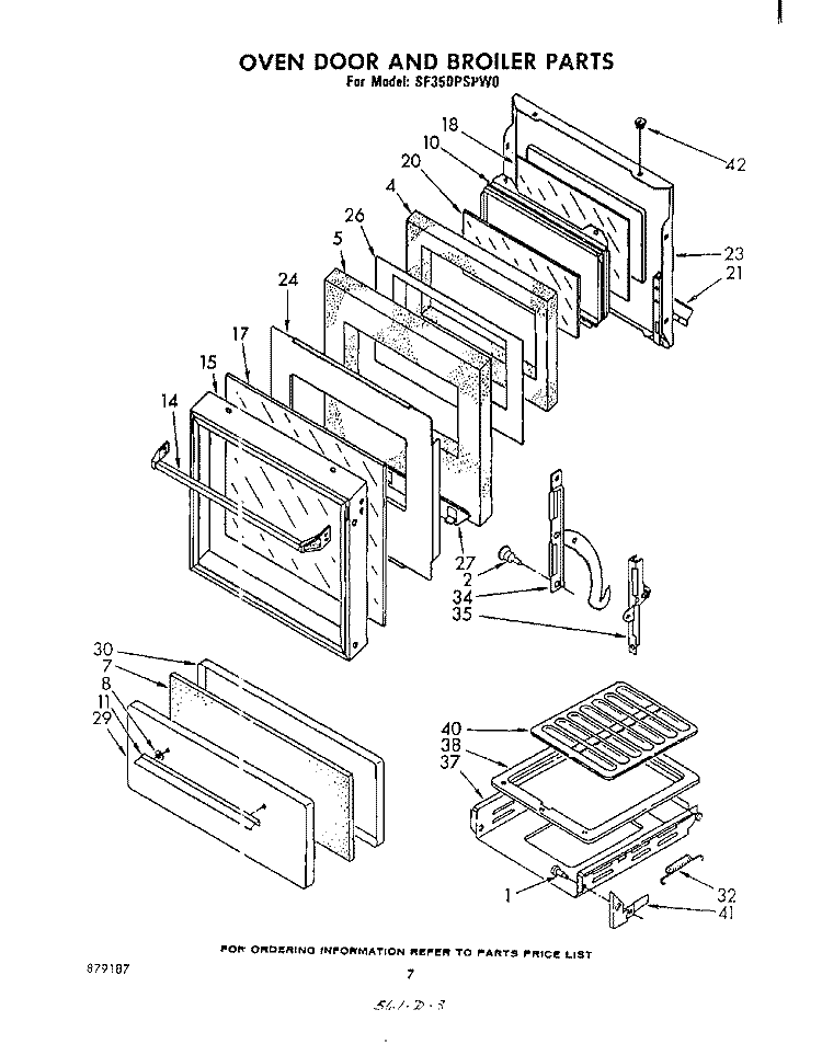 OVEN DOOR AND BROILER Diagram and Parts List for SF350PSPW0  Whirlpool Range